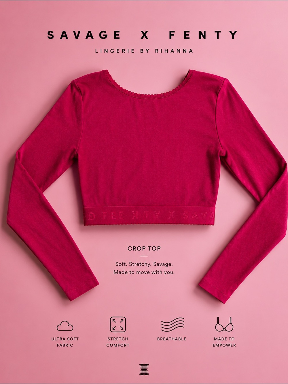 Savage X Fenty Pink Cropped Long Sleeve Top | Size Large